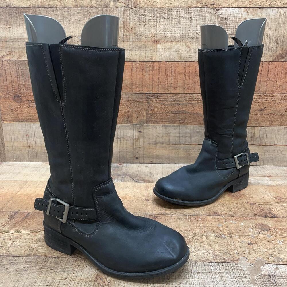 UGG 1012510 Boots Womens Size 7 38 Black Leather Biker Mid Calf Zip Buckle